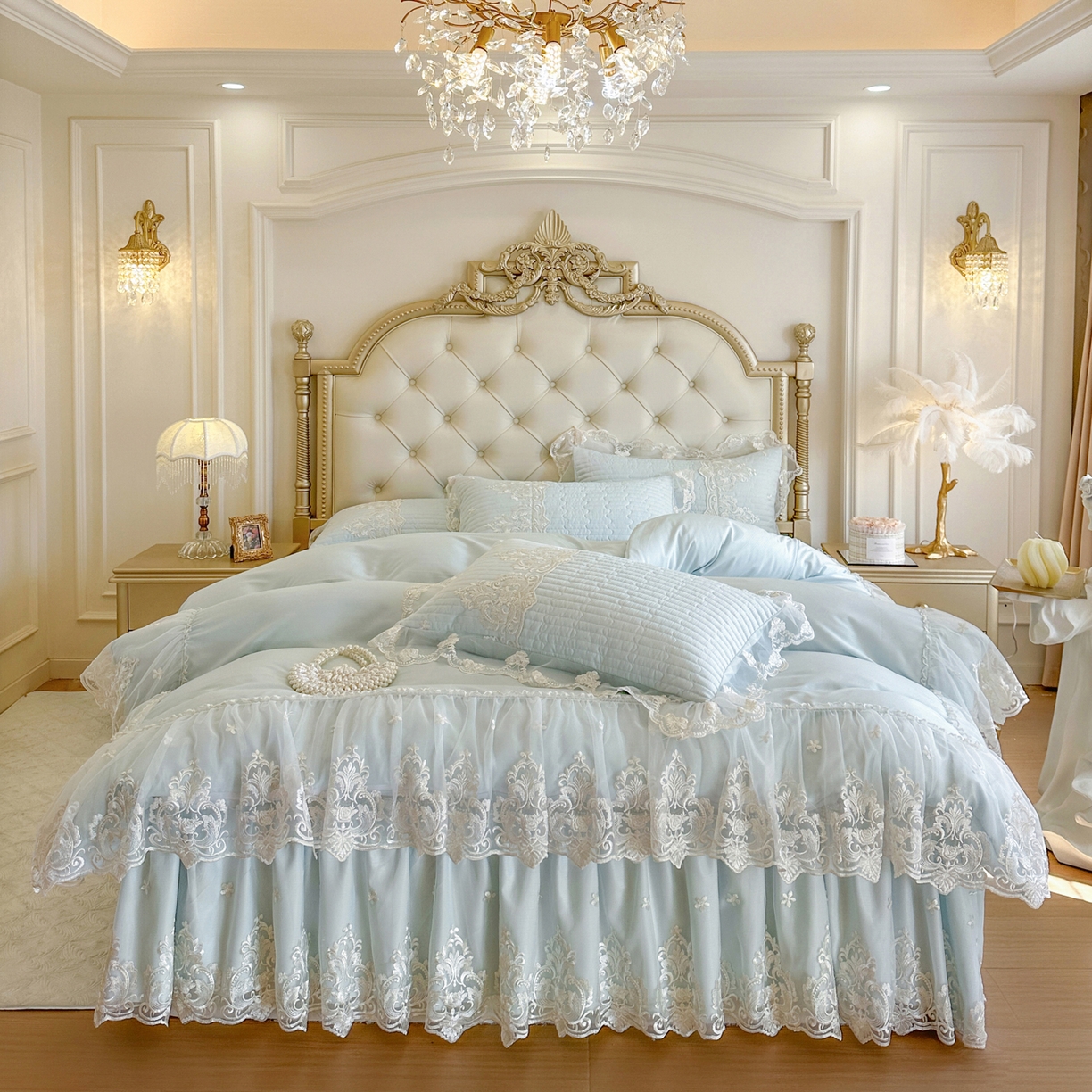 恋尚 2026新款提花蕾丝夹棉床裙四件套-安妮梦【控价床裙135起 床裙三件170起 四件270起】 安妮梦-水兰