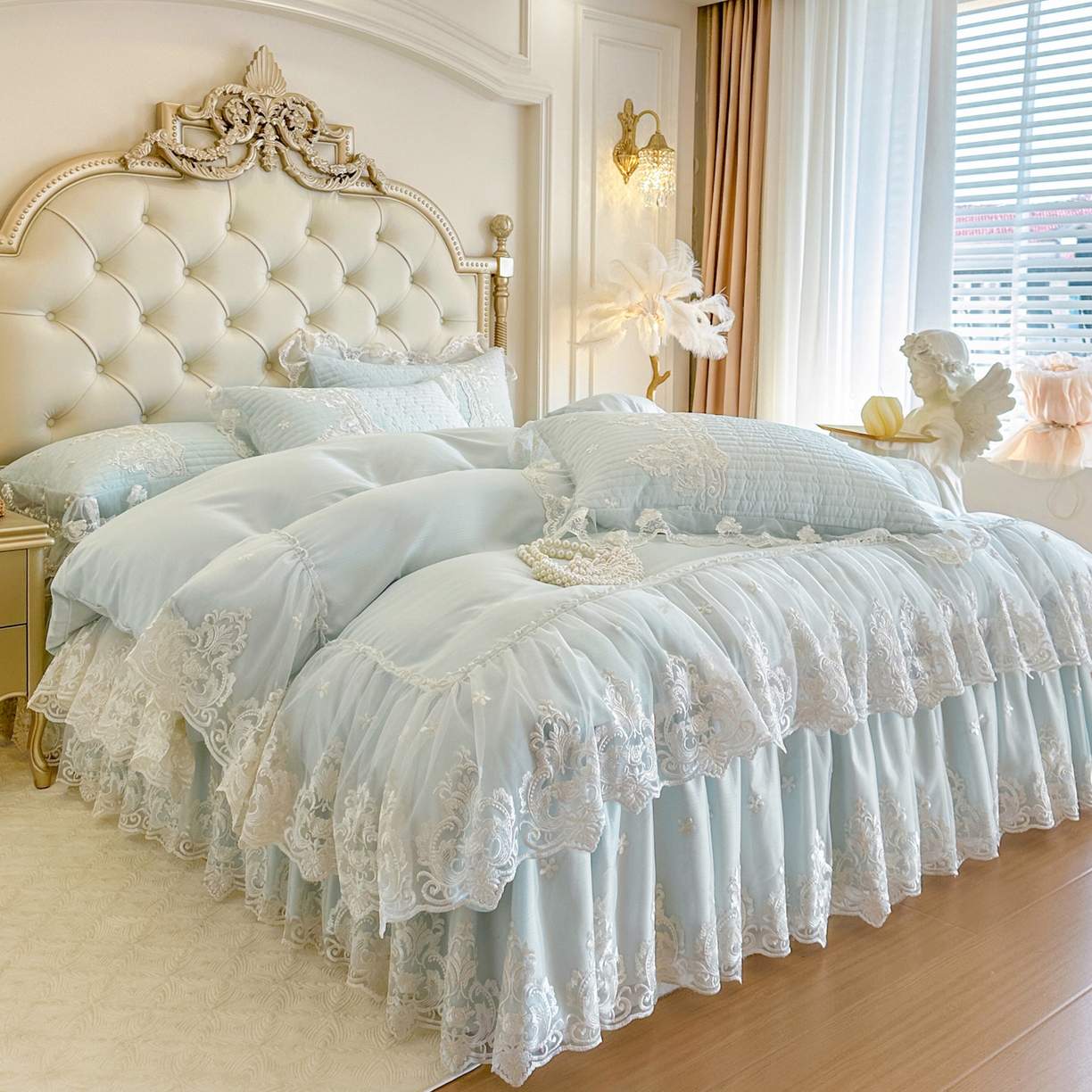 91家纺网 家纺一手货源 找家纺 恋尚 2026新款提花蕾丝夹棉床裙四件套-安妮梦【控价床裙135起 床裙三件170起 四件270起】 安妮梦-水兰