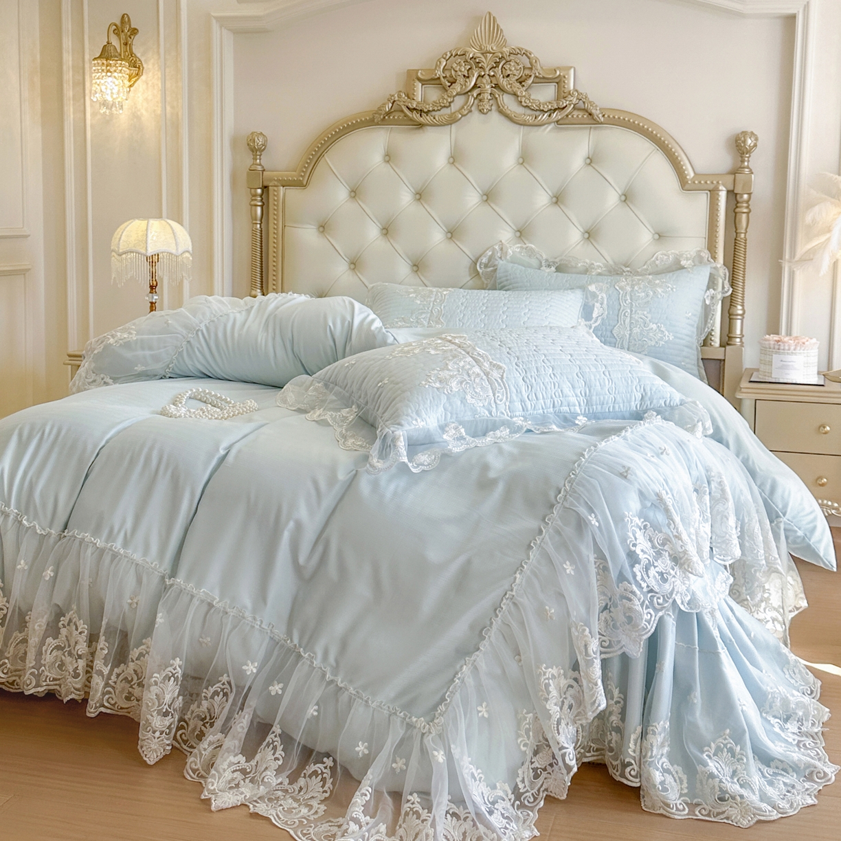 91家纺网 家纺一手货源 找家纺 恋尚 2026新款提花蕾丝夹棉床裙四件套-安妮梦【控价床裙135起 床裙三件170起 四件270起】 安妮梦-水兰