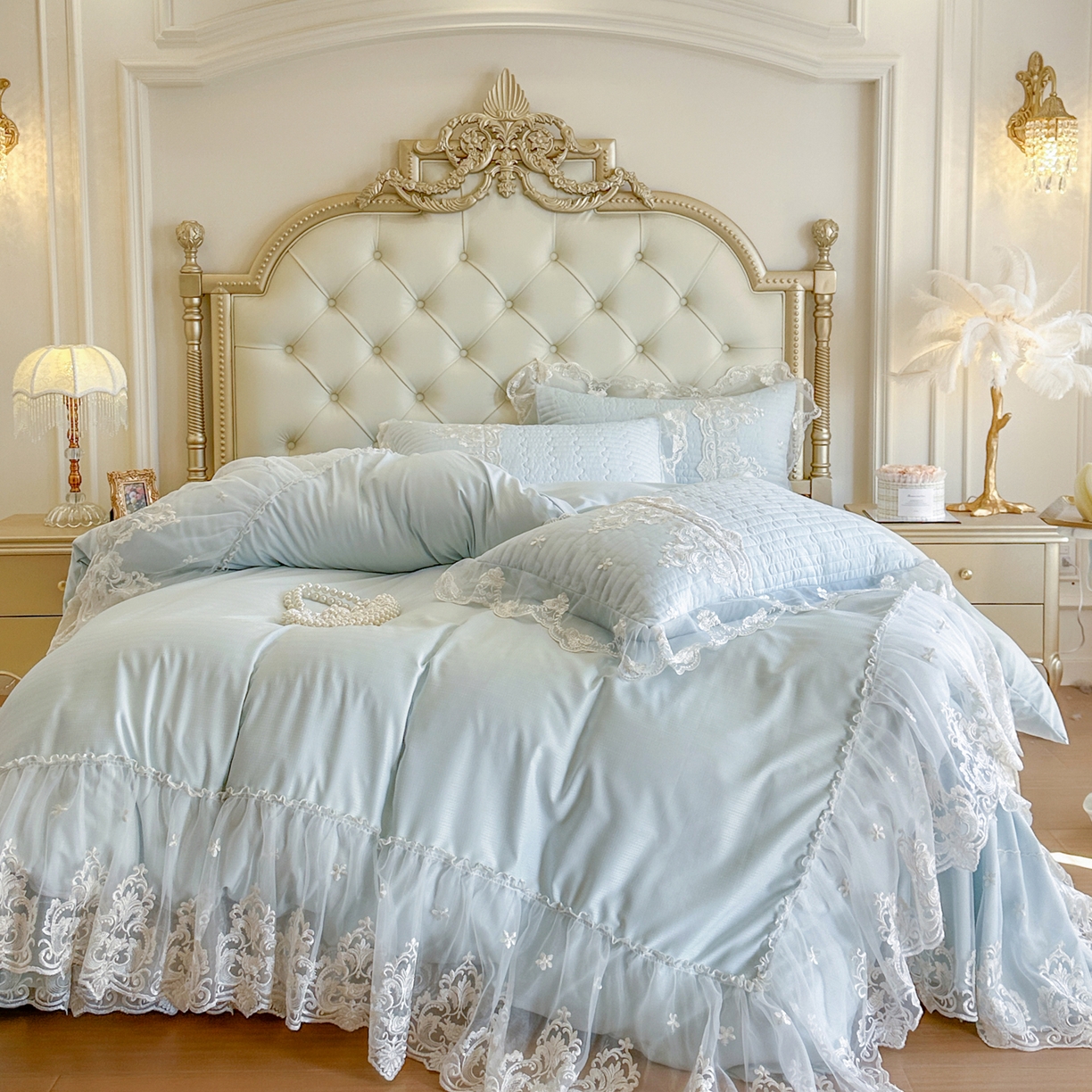 91家纺网 家纺一手货源 找家纺 恋尚 2026新款提花蕾丝夹棉床裙四件套-安妮梦【控价床裙135起 床裙三件170起 四件270起】 安妮梦-水兰