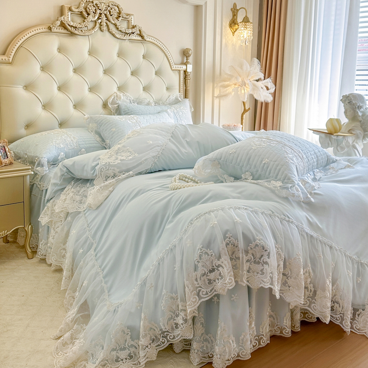 91家纺网 家纺一手货源 找家纺 恋尚 2026新款提花蕾丝夹棉床裙四件套-安妮梦【控价床裙135起 床裙三件170起 四件270起】 安妮梦-水兰