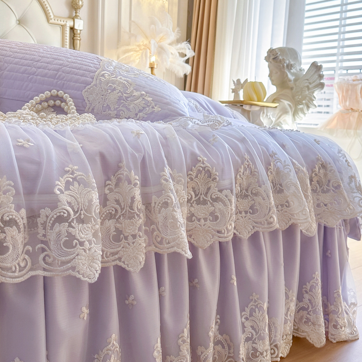 91家纺网 家纺一手货源 找家纺 恋尚 2026新款提花蕾丝夹棉床裙四件套-安妮梦【控价床裙135起 床裙三件170起 四件270起】 安妮梦-香芋紫