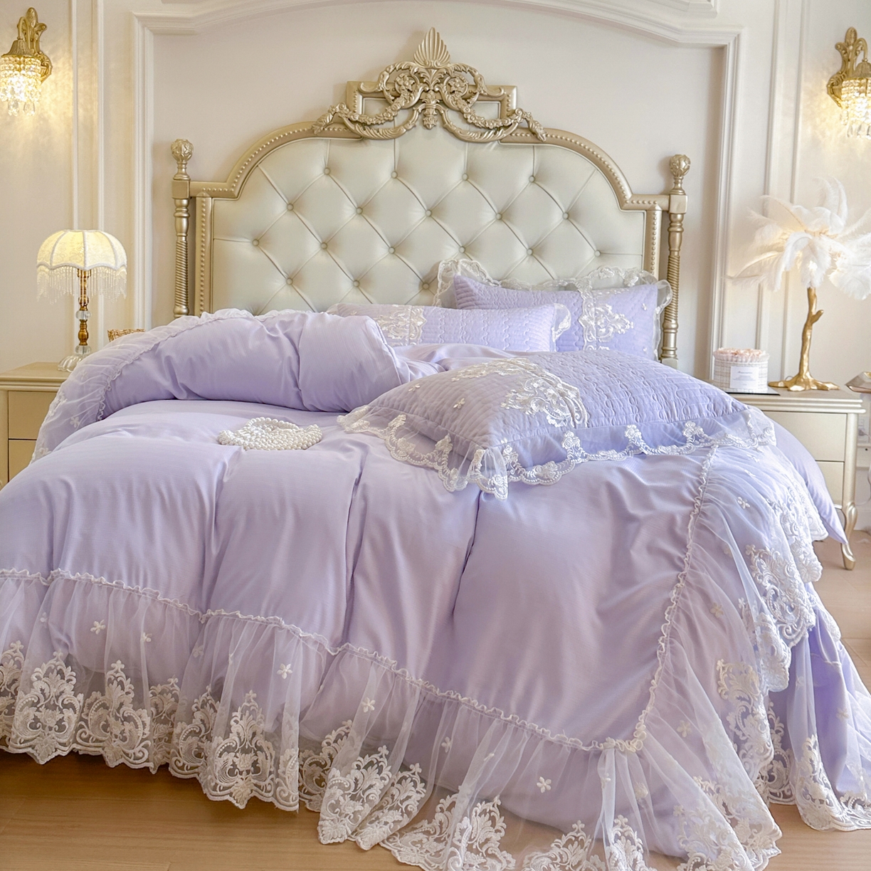 91家纺网 家纺一手货源 找家纺 恋尚 2026新款提花蕾丝夹棉床裙四件套-安妮梦【控价床裙135起 床裙三件170起 四件270起】 安妮梦-香芋紫