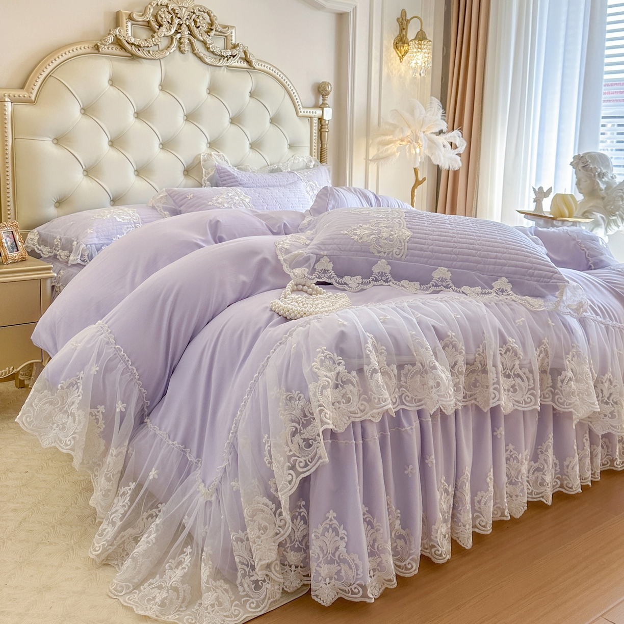 91家纺网 家纺一手货源 找家纺 恋尚 2026新款提花蕾丝夹棉床裙四件套-安妮梦【控价床裙135起 床裙三件170起 四件270起】 安妮梦-香芋紫