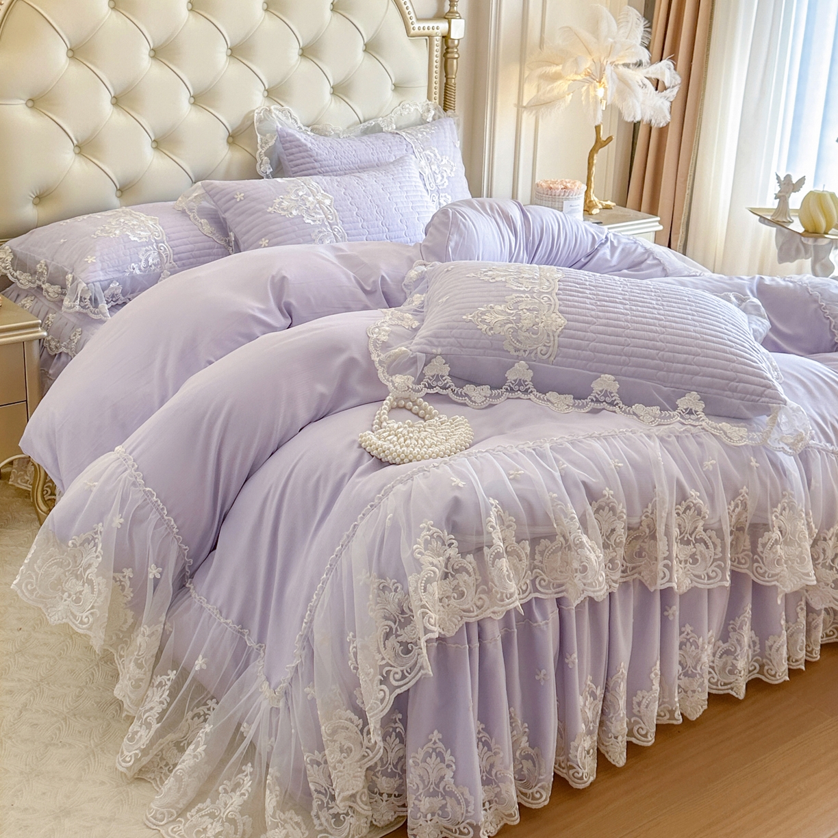 91家纺网 家纺一手货源 找家纺 恋尚 2026新款提花蕾丝夹棉床裙四件套-安妮梦【控价床裙135起 床裙三件170起 四件270起】 安妮梦-香芋紫