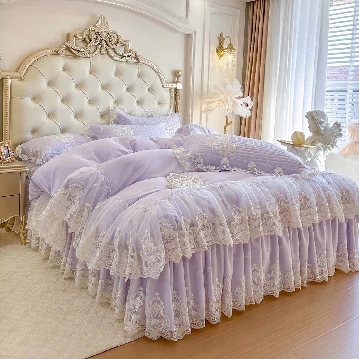 91家纺网 家纺一手货源 找家纺 恋尚 2026新款提花蕾丝夹棉床裙四件套-安妮梦【控价床裙135起 床裙三件170起 四件270起】 安妮梦-香芋紫