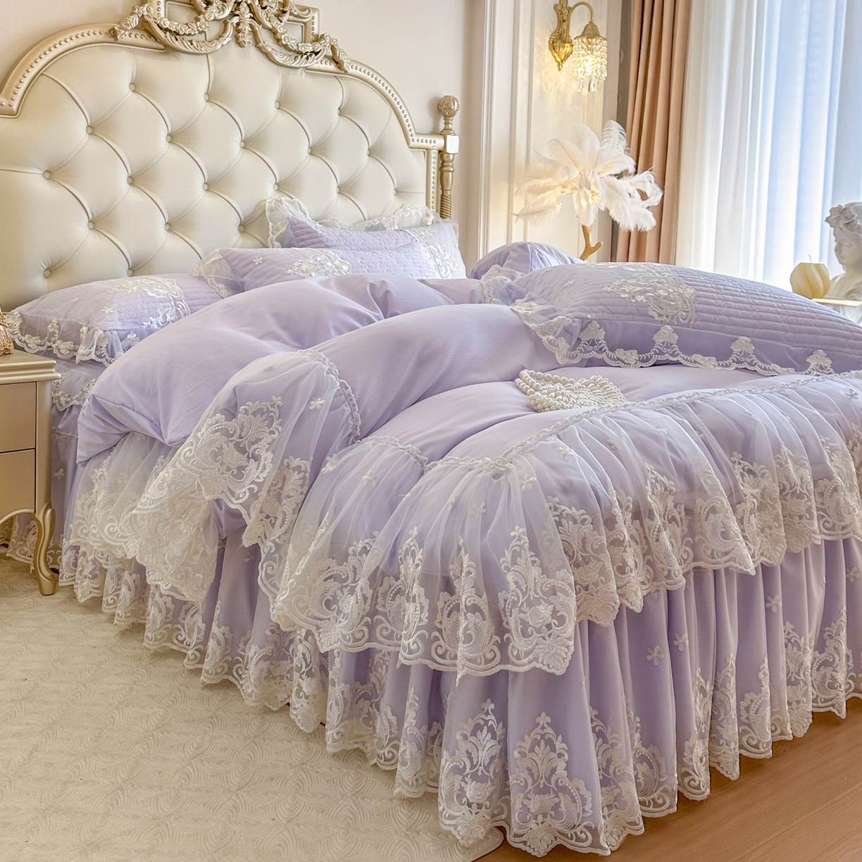 91家纺网 家纺一手货源 找家纺 恋尚 2026新款提花蕾丝夹棉床裙四件套-安妮梦【控价床裙135起 床裙三件170起 四件270起】 安妮梦-香芋紫