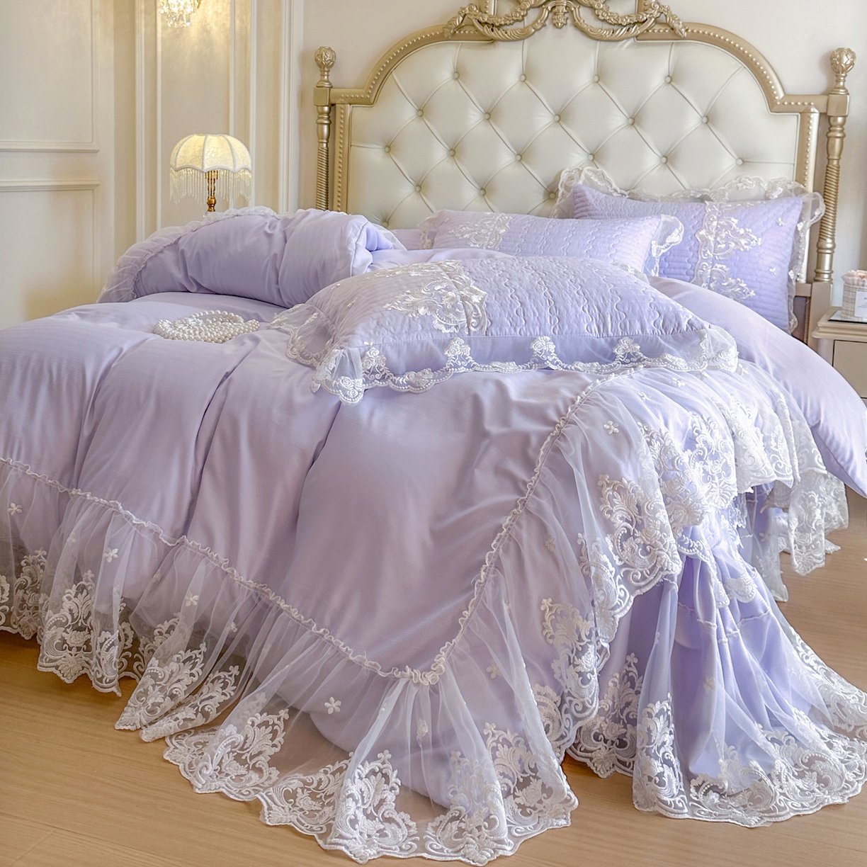 91家纺网 家纺一手货源 找家纺 恋尚 2026新款提花蕾丝夹棉床裙四件套-安妮梦【控价床裙135起 床裙三件170起 四件270起】 安妮梦-香芋紫