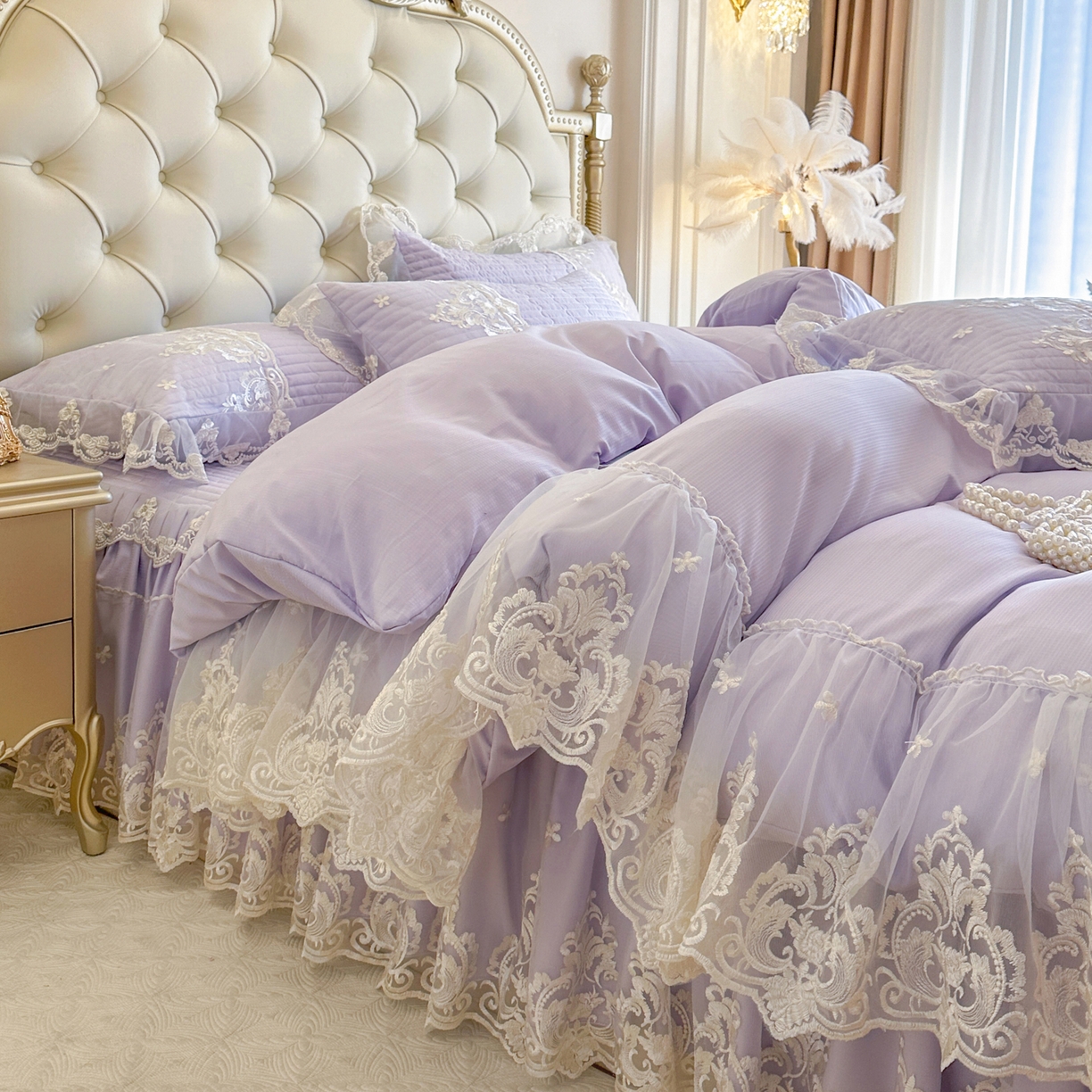 91家纺网 家纺一手货源 找家纺 恋尚 2026新款提花蕾丝夹棉床裙四件套-安妮梦【控价床裙135起 床裙三件170起 四件270起】 安妮梦-香芋紫