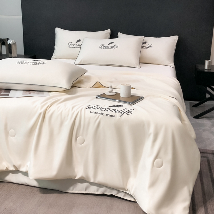 91家纺网 家纺一手货源 找家纺 乐窝家纺仓储 2026新款滚边水洗真丝水洗天丝冰丝刺绣夏被四件套-羽毛系列 梦羽-贵族白