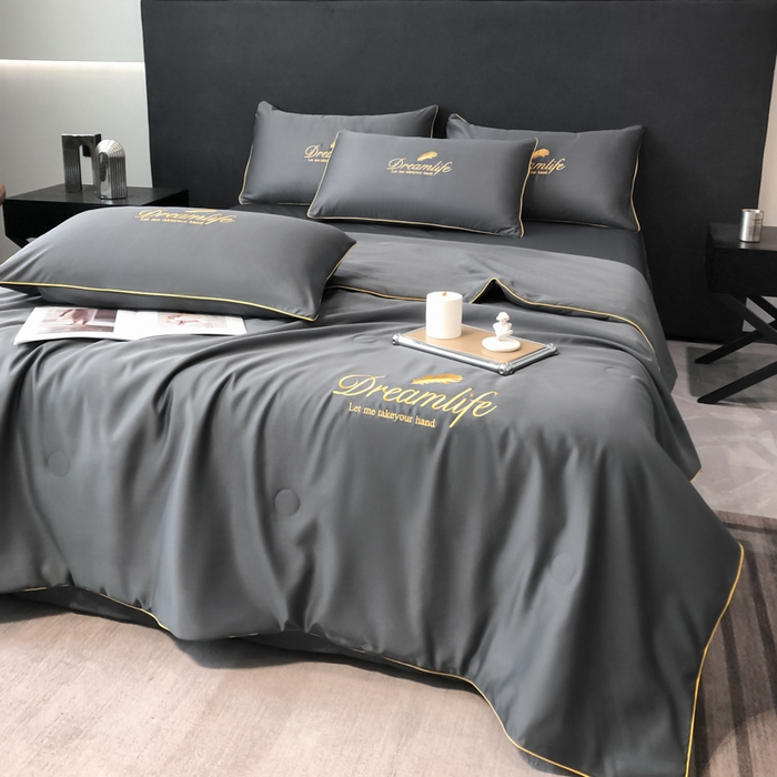 91家纺网 家纺一手货源 找家纺 乐窝家纺仓储 2026新款滚边水洗真丝水洗天丝冰丝刺绣夏被四件套-羽毛系列 梦羽-高级灰