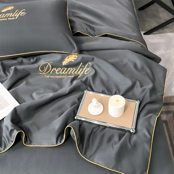 91家纺网 家纺一手货源 找家纺 乐窝家纺仓储 2026新款滚边水洗真丝水洗天丝冰丝刺绣夏被四件套-羽毛系列 梦羽-高级灰
