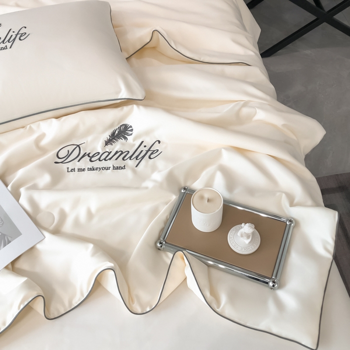 91家纺网 家纺一手货源 找家纺 乐窝家纺仓储 2026新款滚边水洗真丝水洗天丝冰丝刺绣夏被四件套-羽毛系列 梦羽-贵族白