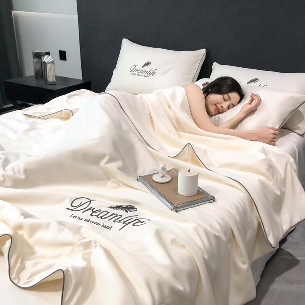 乐窝家纺仓储 2026新款滚边水洗真丝水洗天丝冰丝刺绣夏被四件套-羽毛系列 梦羽-贵族白