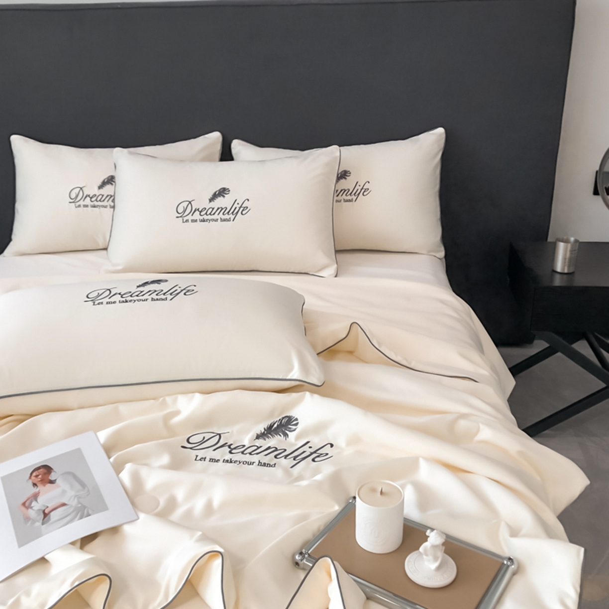 91家纺网 家纺一手货源 找家纺 乐窝家纺仓储 2026新款滚边水洗真丝水洗天丝冰丝刺绣夏被四件套-羽毛系列 梦羽-贵族白