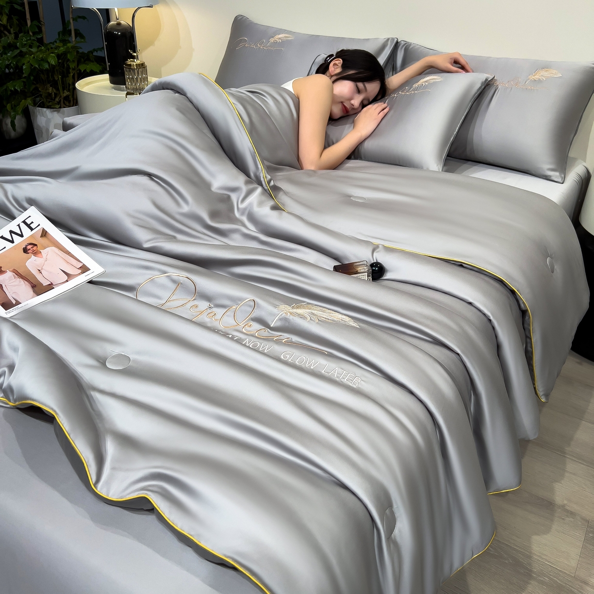 乐窝家纺仓储 2026新款滚边水洗真丝水洗天丝冰丝刺绣夏被四件套-羽毛系列 轻羽-北极灰