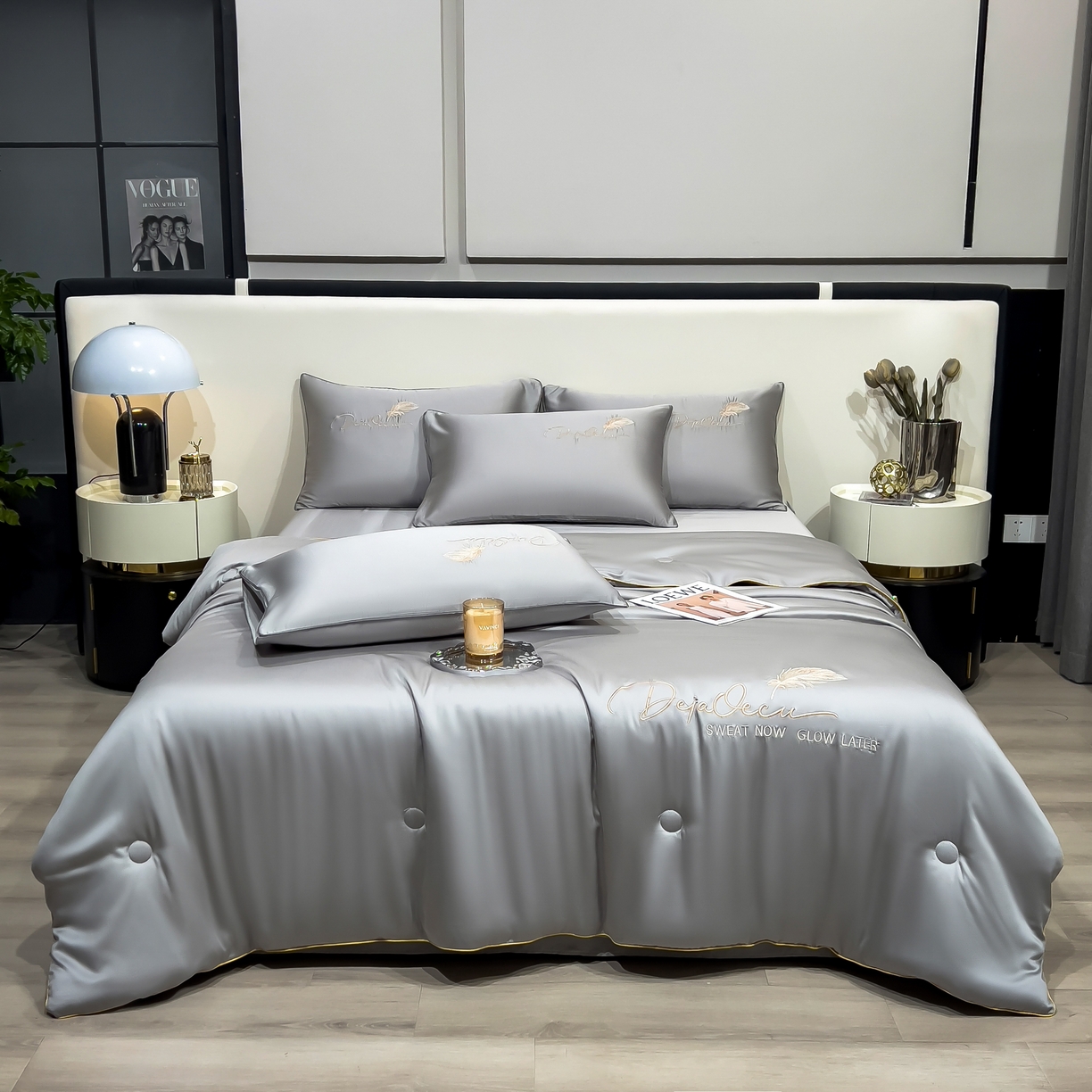 91家纺网 家纺一手货源 找家纺 乐窝家纺仓储 2026新款滚边水洗真丝水洗天丝冰丝刺绣夏被四件套-羽毛系列 轻羽-北极灰