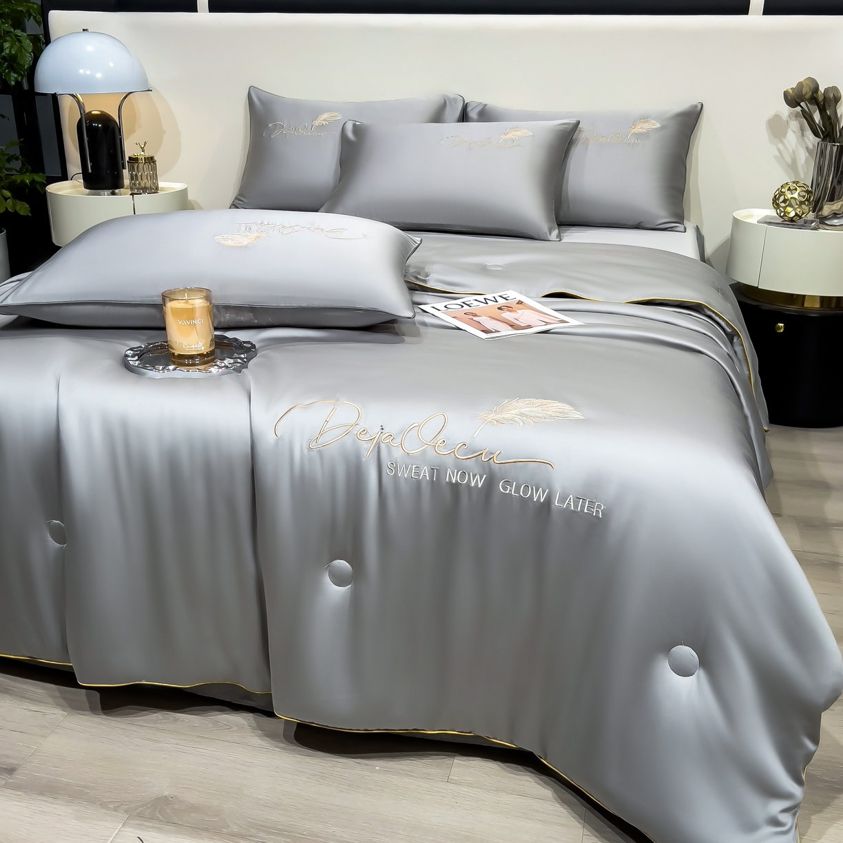 91家纺网 家纺一手货源 找家纺 乐窝家纺仓储 2026新款滚边水洗真丝水洗天丝冰丝刺绣夏被四件套-羽毛系列 轻羽-北极灰