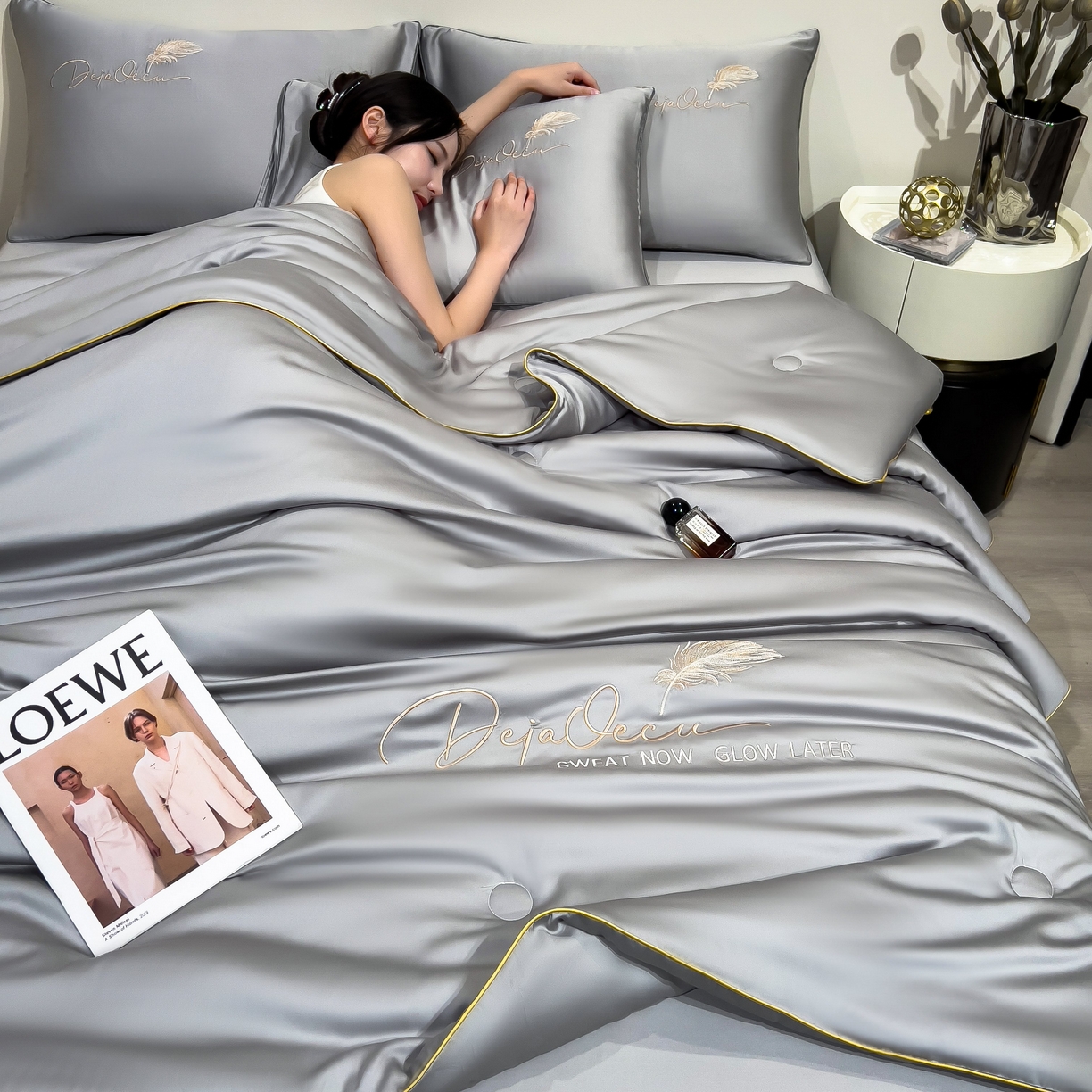 91家纺网 家纺一手货源 找家纺 乐窝家纺仓储 2026新款滚边水洗真丝水洗天丝冰丝刺绣夏被四件套-羽毛系列 轻羽-北极灰