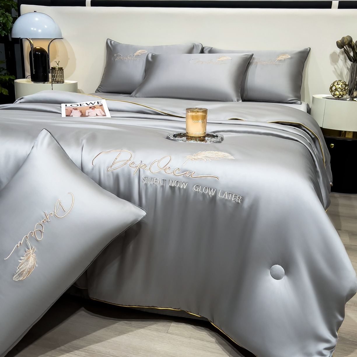 91家纺网 家纺一手货源 找家纺 乐窝家纺仓储 2026新款滚边水洗真丝水洗天丝冰丝刺绣夏被四件套-羽毛系列 轻羽-北极灰