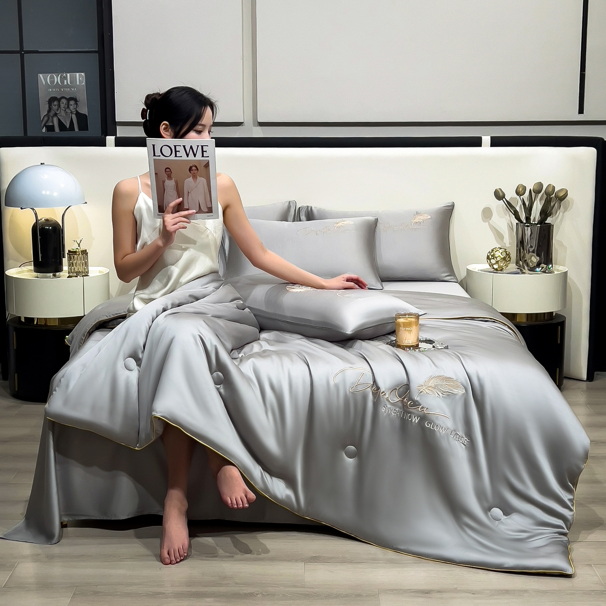 91家纺网 家纺一手货源 找家纺 乐窝家纺仓储 2026新款滚边水洗真丝水洗天丝冰丝刺绣夏被四件套-羽毛系列 轻羽-北极灰