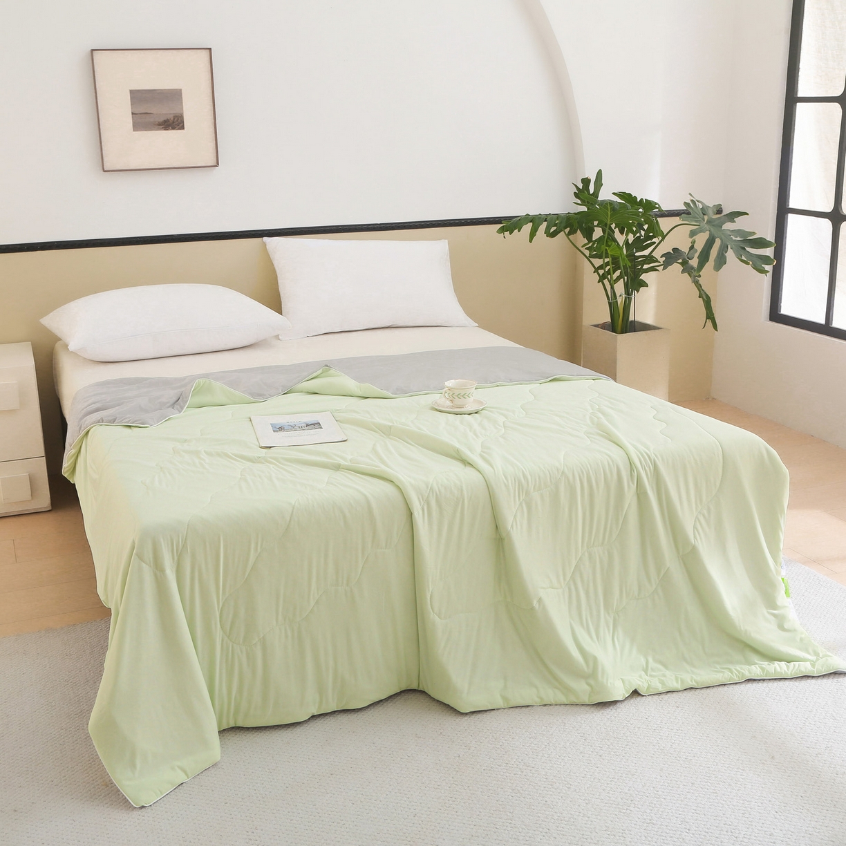 91家纺网 家纺一手货源 找家纺 天之悦家纺 2026新款A类冰淇淋冰皮小凉被夏被夏凉被空调被 果绿+灰色