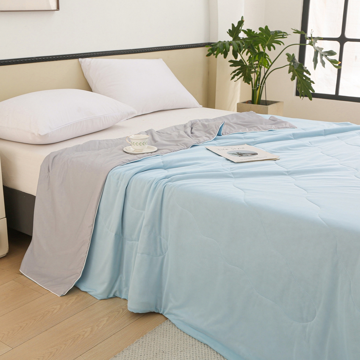 91家纺网 家纺一手货源 找家纺 天之悦家纺 2026新款A类冰淇淋冰皮小凉被夏被夏凉被空调被 天蓝+灰色