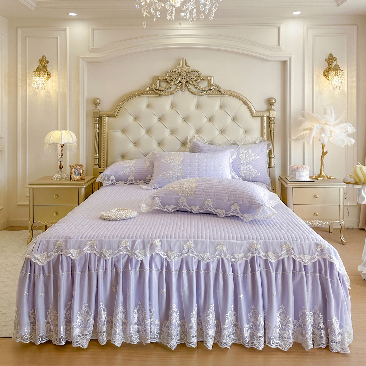 91家纺网 家纺一手货源 找家纺 （总）恋尚 2026新款提花蕾丝夹棉单床裙单被套-安妮梦【控价床裙135起 床裙三件170起 四件270起】