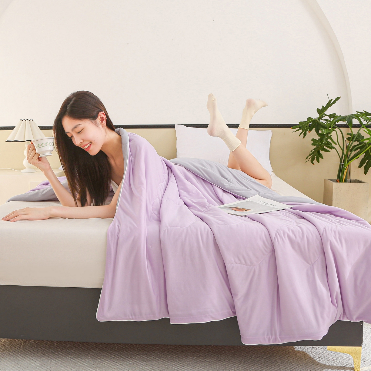 91家纺网 家纺一手货源 找家纺 天之悦家纺 2026新款A类冰淇淋冰皮小凉被夏被夏凉被空调被 紫色+灰色