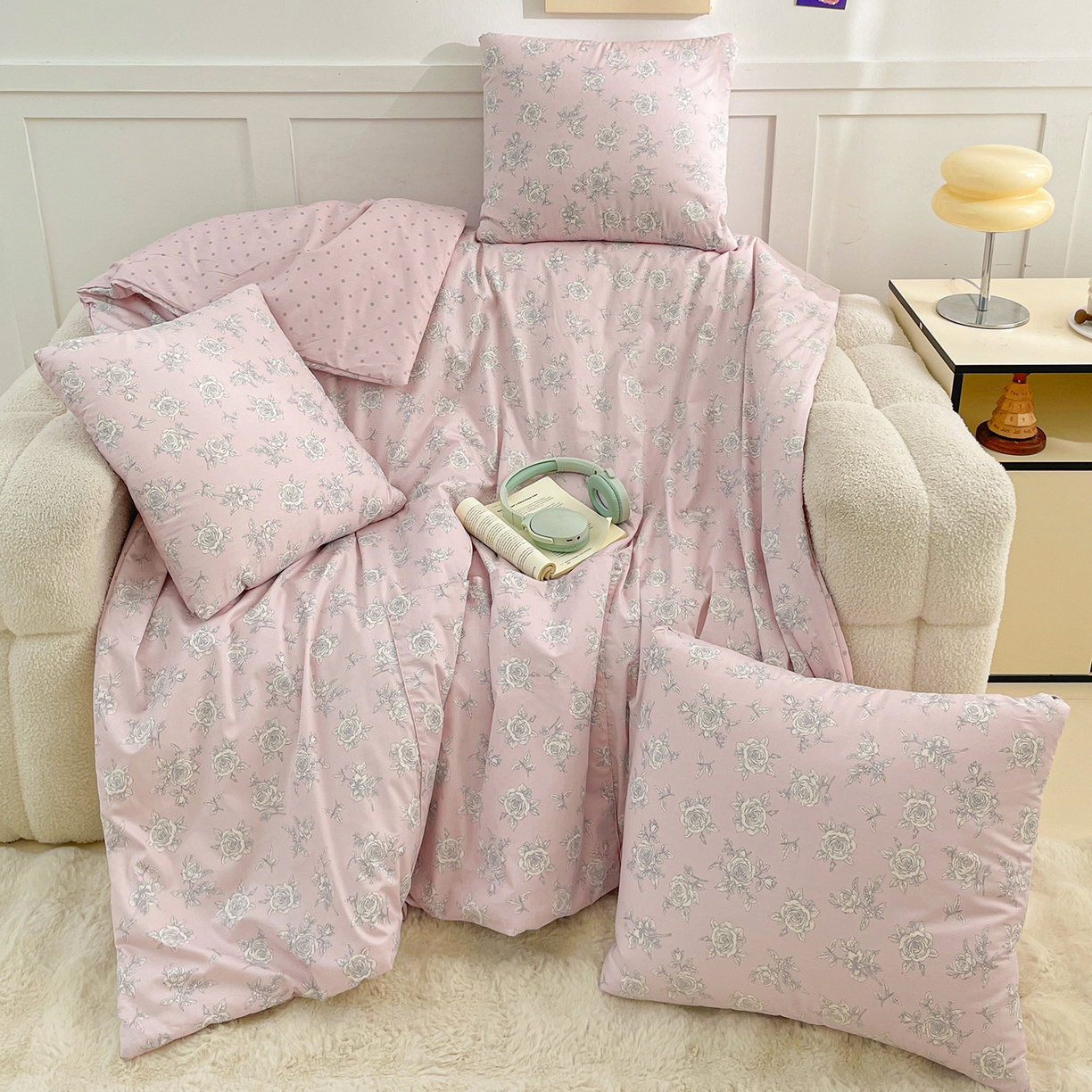 多米家居 2025新款全棉口袋印花抱枕被 花又开-粉