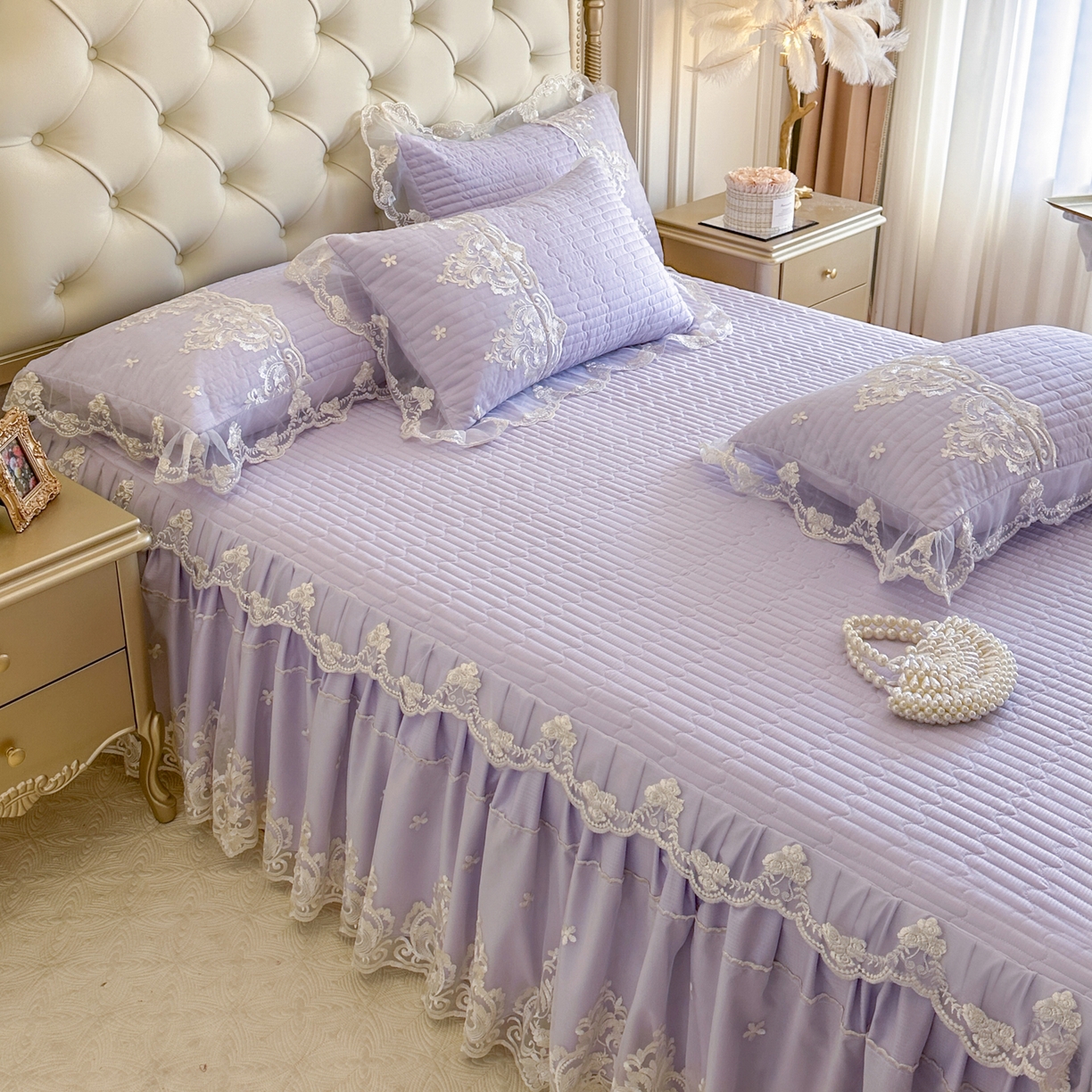 91家纺网 家纺一手货源 找家纺 （总）恋尚 2026新款提花蕾丝夹棉单床裙单被套-安妮梦【控价床裙135起 床裙三件170起 四件270起】