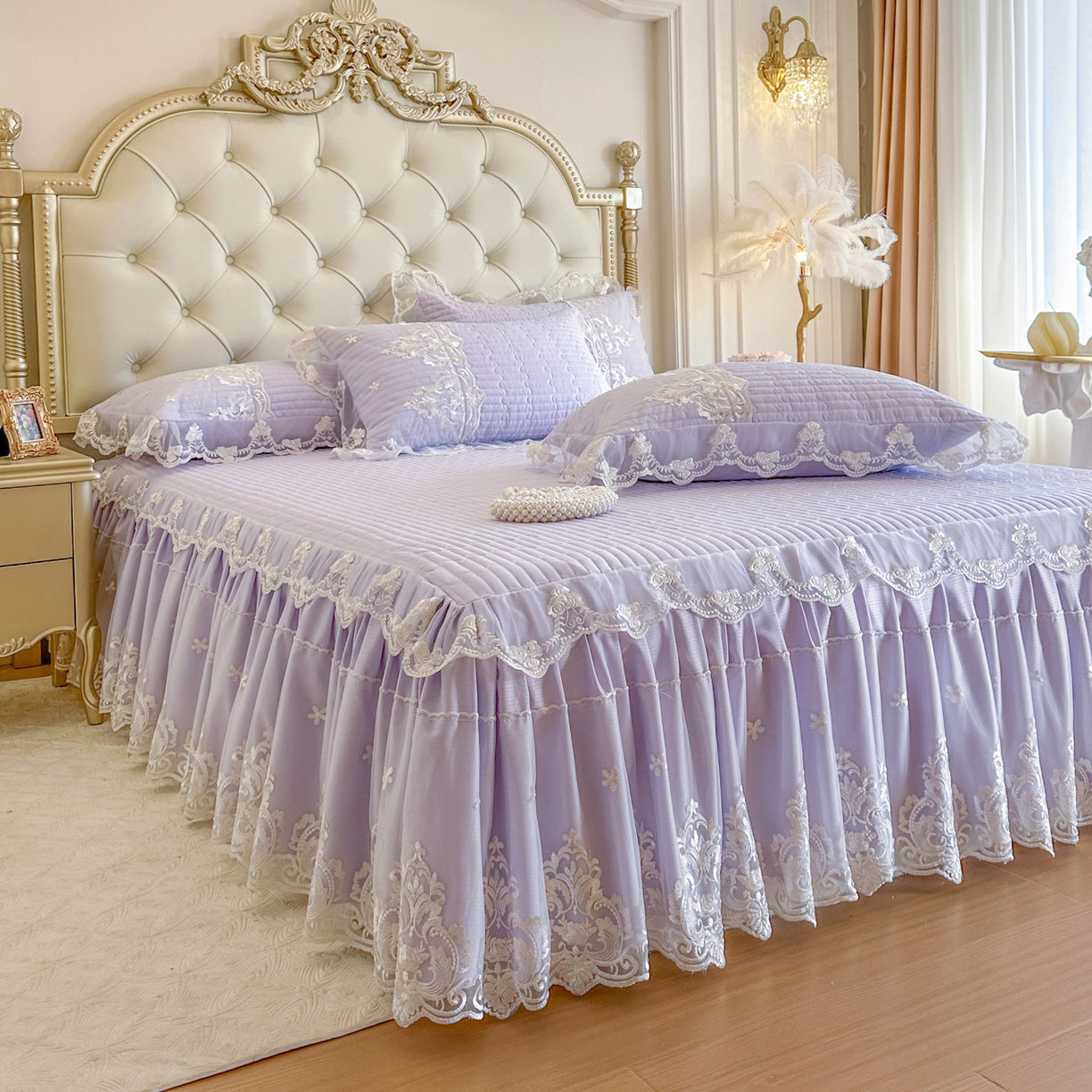 91家纺网 家纺一手货源 找家纺 （总）恋尚 2026新款提花蕾丝夹棉单床裙单被套-安妮梦【控价床裙135起 床裙三件170起 四件270起】