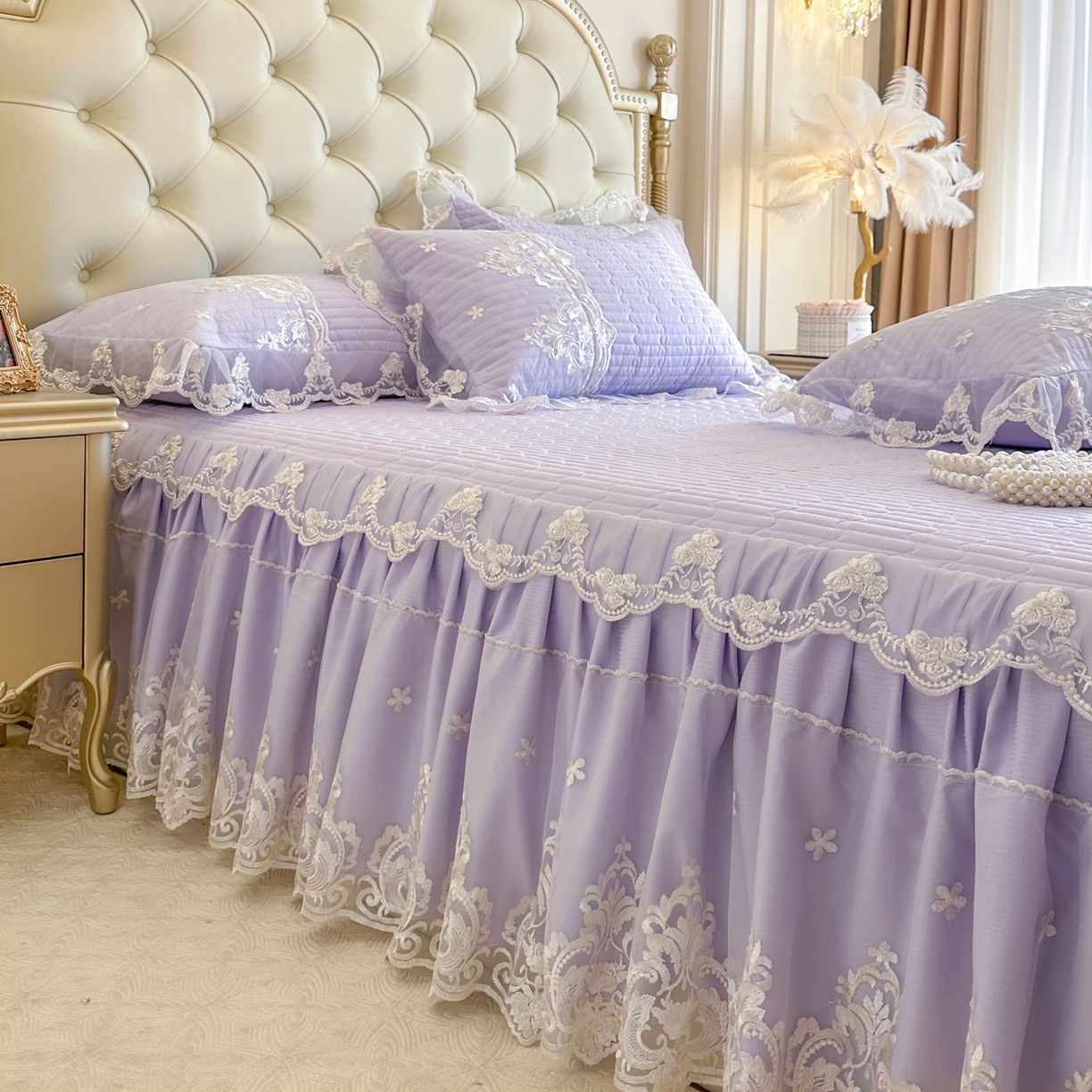 91家纺网 家纺一手货源 找家纺 （总）恋尚 2026新款提花蕾丝夹棉单床裙单被套-安妮梦【控价床裙135起 床裙三件170起 四件270起】