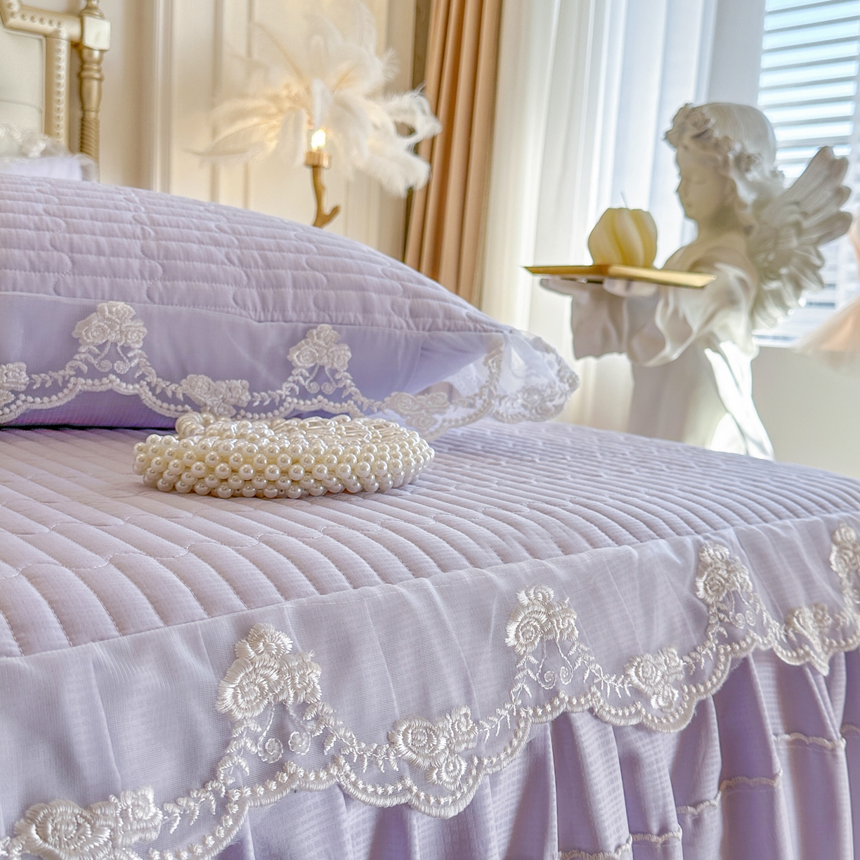 91家纺网 家纺一手货源 找家纺 （总）恋尚 2026新款提花蕾丝夹棉单床裙单被套-安妮梦【控价床裙135起 床裙三件170起 四件270起】