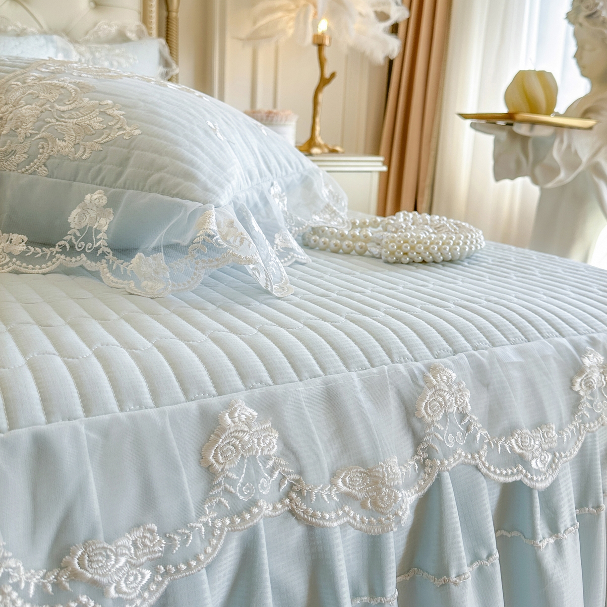 91家纺网 家纺一手货源 找家纺 恋尚 2026新款提花蕾丝夹棉单床裙单被套-安妮梦【控价床裙135起 床裙三件170起 四件270起】 安妮梦-水兰