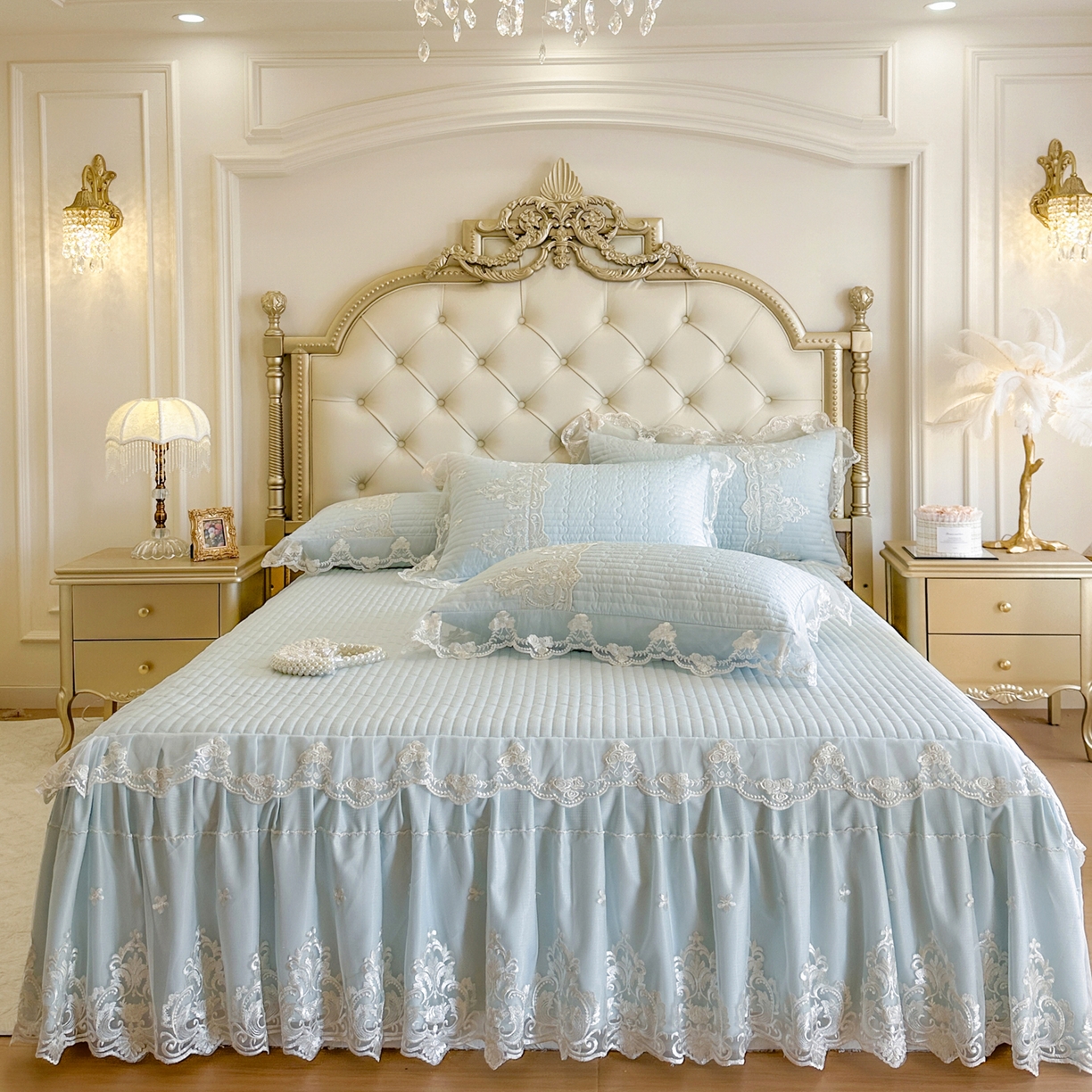 恋尚 2026新款提花蕾丝夹棉单床裙单被套-安妮梦【控价床裙135起 床裙三件170起 四件270起】 安妮梦-水兰