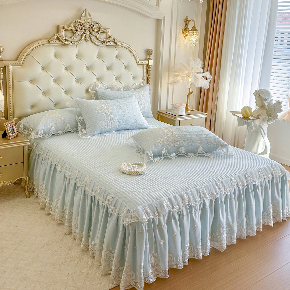 91家纺网 家纺一手货源 找家纺 恋尚 2026新款提花蕾丝夹棉单床裙单被套-安妮梦【控价床裙135起 床裙三件170起 四件270起】 安妮梦-水兰