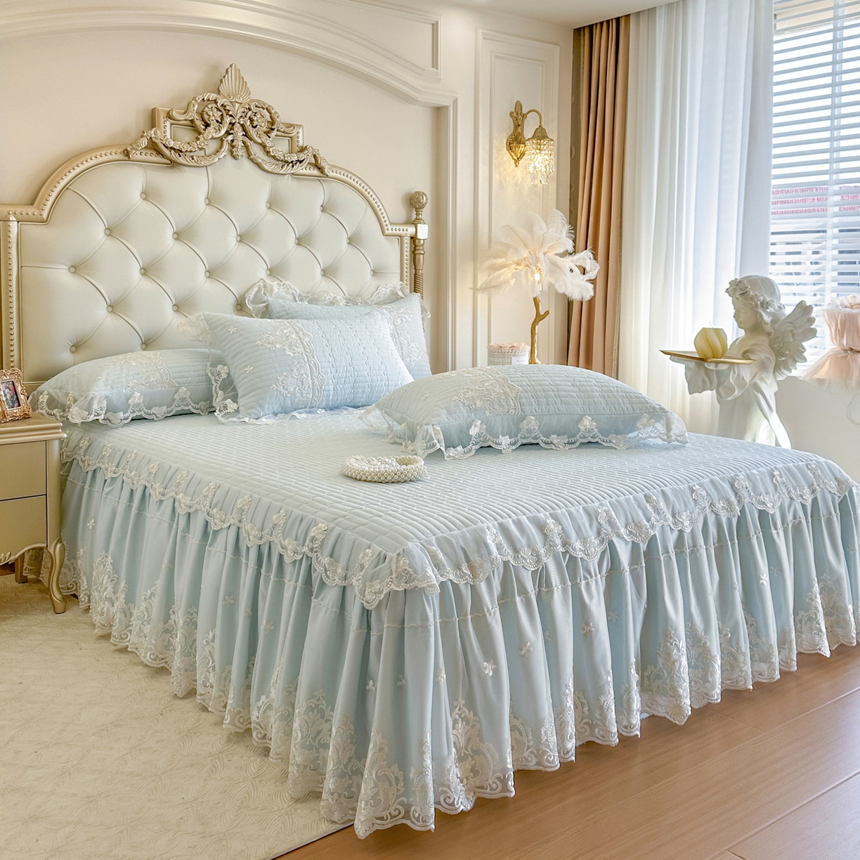 91家纺网 家纺一手货源 找家纺 恋尚 2026新款提花蕾丝夹棉单床裙单被套-安妮梦【控价床裙135起 床裙三件170起 四件270起】 安妮梦-水兰