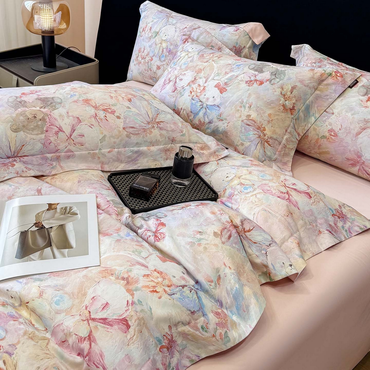 91家纺网 家纺一手货源 找家纺 2026新款A类100支长绒棉纯棉四件套全棉数码印花被套床单床笠田园风床上用品 黛梦-粉