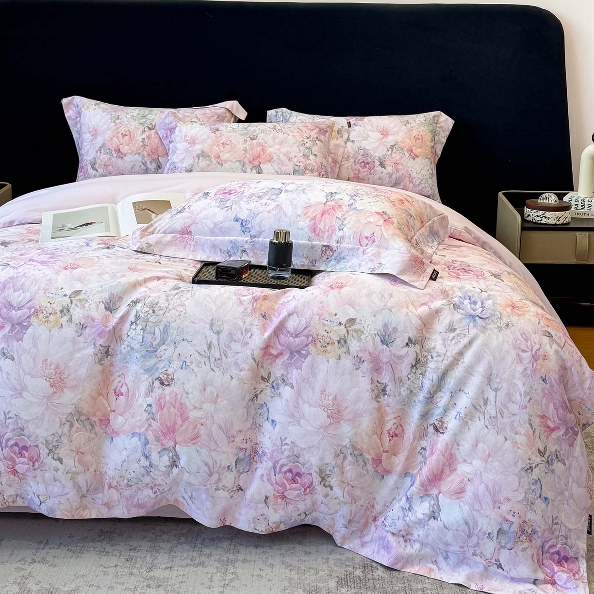 91家纺网 家纺一手货源 找家纺 2026新款A类100支长绒棉纯棉四件套全棉数码印花被套床单床笠田园风床上用品 忆梦-紫