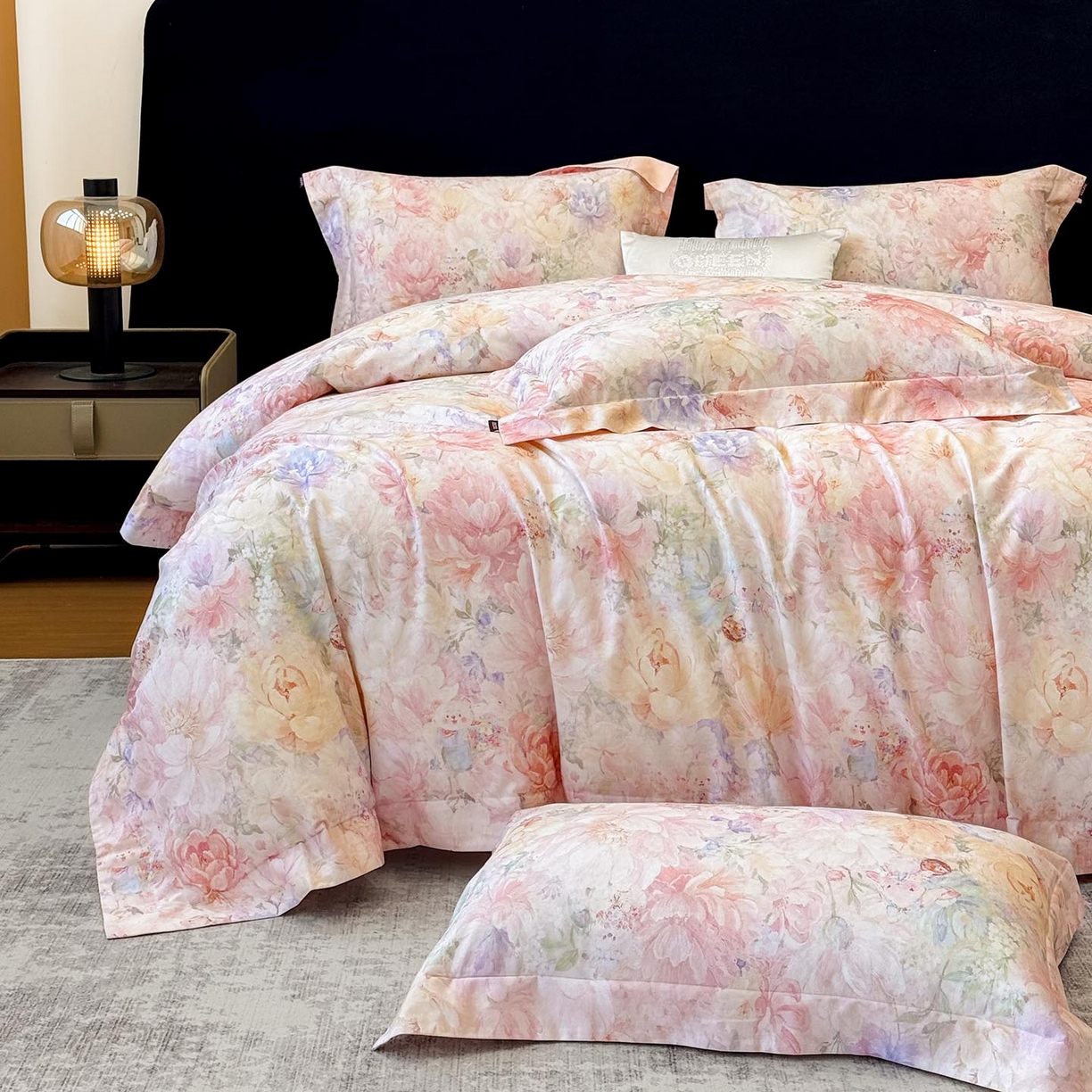 91家纺网 家纺一手货源 找家纺 2026新款A类100支长绒棉纯棉四件套全棉数码印花被套床单床笠田园风床上用品 忆梦-粉