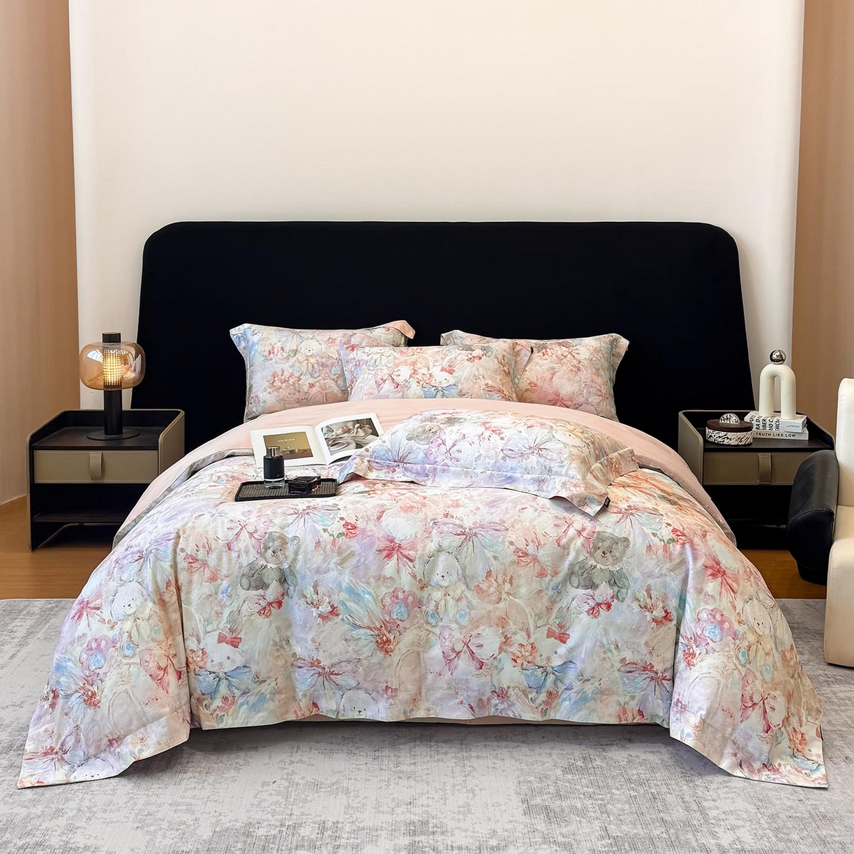 91家纺网 家纺一手货源 找家纺 2026新款A类100支长绒棉纯棉四件套全棉数码印花被套床单床笠田园风床上用品 黛梦-粉