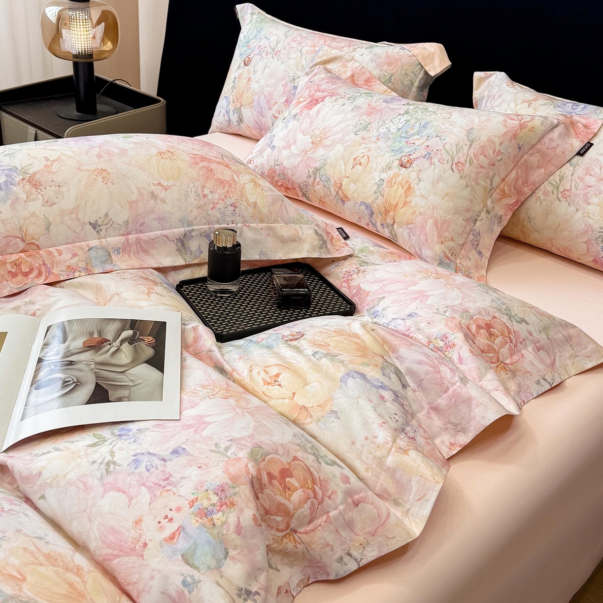 91家纺网 家纺一手货源 找家纺 2026新款A类100支长绒棉纯棉四件套全棉数码印花被套床单床笠田园风床上用品 忆梦-粉