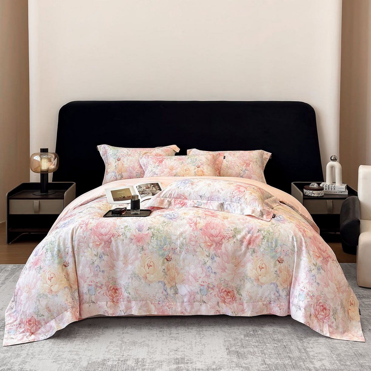 91家纺网 家纺一手货源 找家纺 2026新款A类100支长绒棉纯棉四件套全棉数码印花被套床单床笠田园风床上用品 忆梦-粉