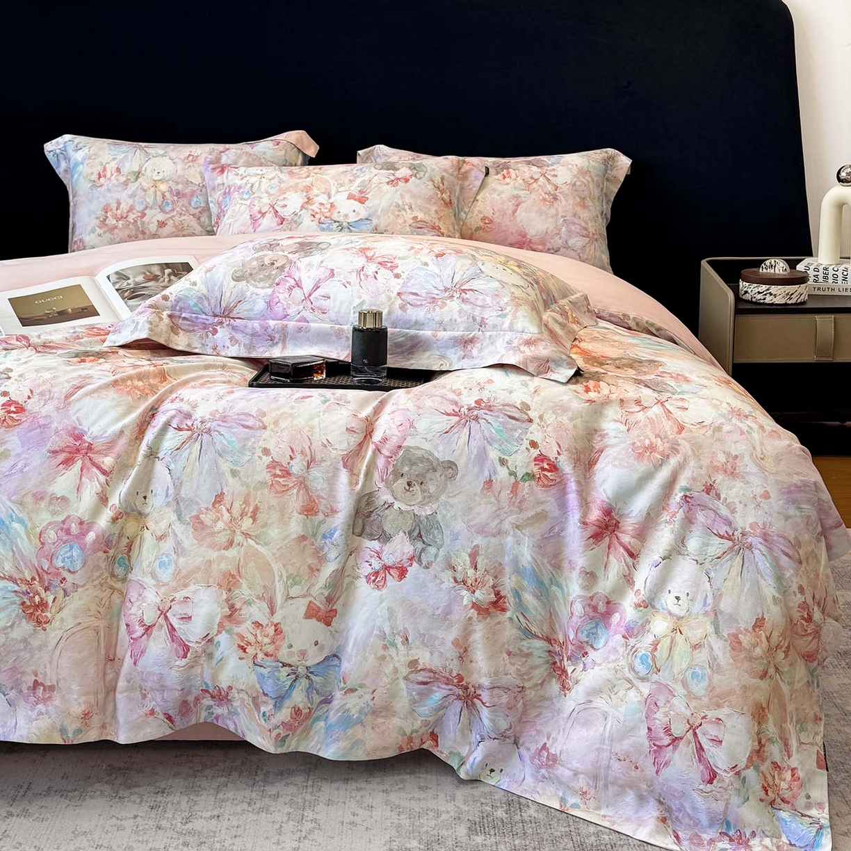 91家纺网 家纺一手货源 找家纺 2026新款A类100支长绒棉纯棉四件套全棉数码印花被套床单床笠田园风床上用品 黛梦-粉