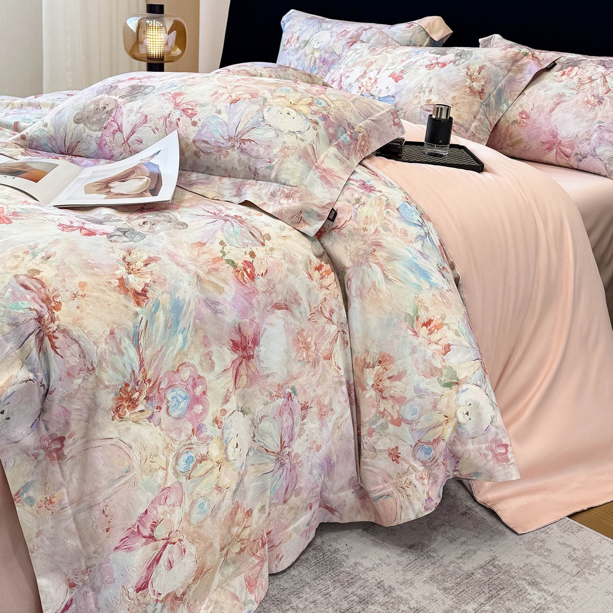 91家纺网 家纺一手货源 找家纺 2026新款A类100支长绒棉纯棉四件套全棉数码印花被套床单床笠田园风床上用品 黛梦-粉