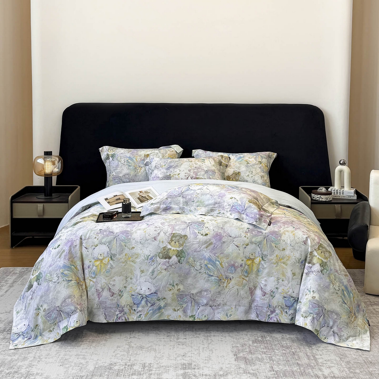 91家纺网 家纺一手货源 找家纺 2026新款A类100支长绒棉纯棉四件套全棉数码印花被套床单床笠田园风床上用品 黛梦-蓝