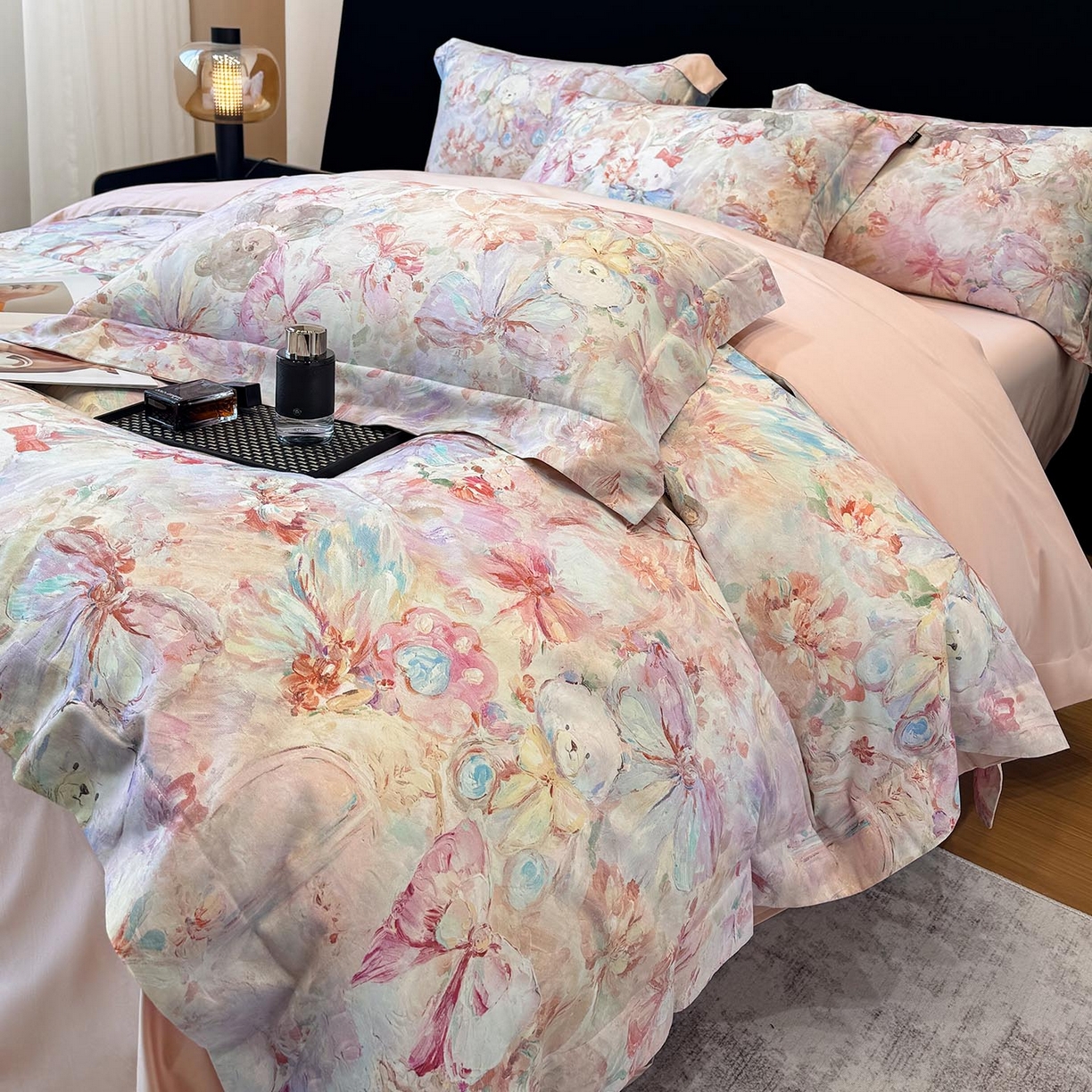 91家纺网 家纺一手货源 找家纺 2026新款A类100支长绒棉纯棉四件套全棉数码印花被套床单床笠田园风床上用品 黛梦-粉