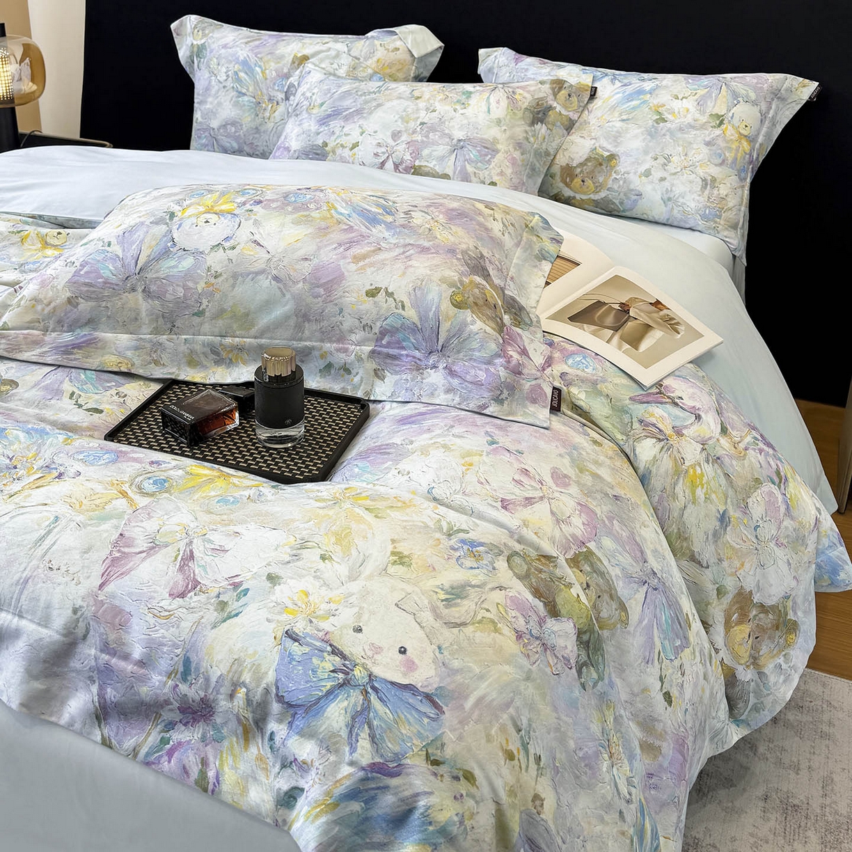 91家纺网 家纺一手货源 找家纺 2026新款A类100支长绒棉纯棉四件套全棉数码印花被套床单床笠田园风床上用品 黛梦-蓝