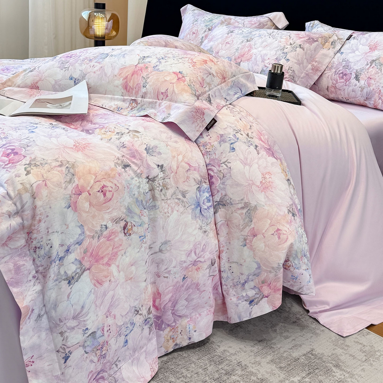 91家纺网 家纺一手货源 找家纺 2026新款A类100支长绒棉纯棉四件套全棉数码印花被套床单床笠田园风床上用品 忆梦-紫